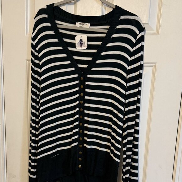 NWT Zenana Dark Green & White Striped Sweater with buttons - Picture 1 of 6